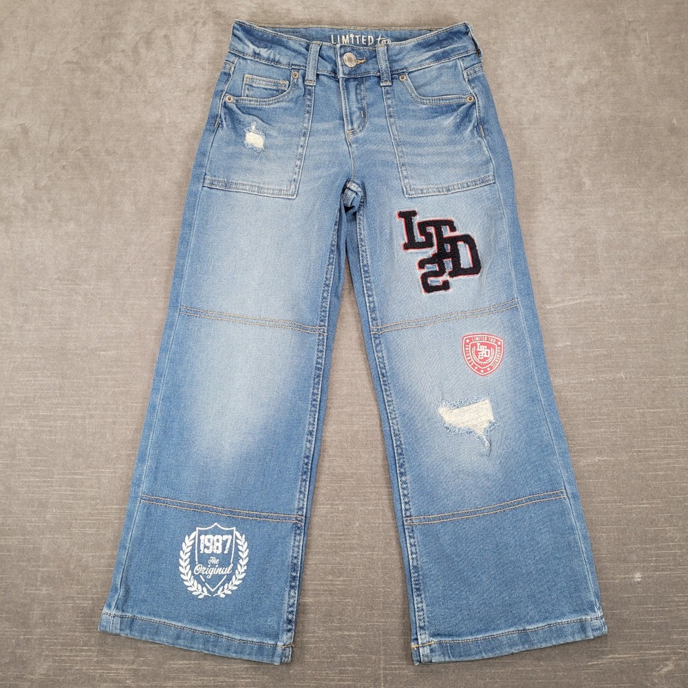 Limited Too Y2K Girls Size 7 Medium Wash Distressed Patch Wide Leg Denim Jeans